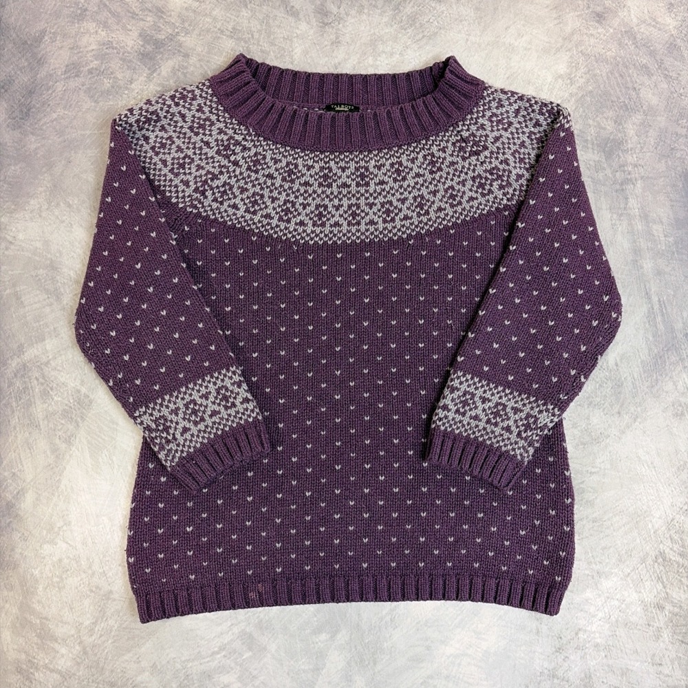 Talbots Sweater Womens Large Purple Fair Isle Heart Dot Knit Long Sleeve Cotton